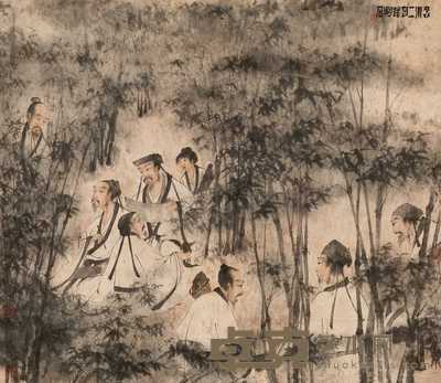 傅抱石 1943年作 竹林七贤 立轴 65×76cm